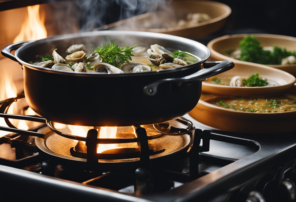 A pot simmers on a stove, filled with broth, dried oysters, and aromatic herbs. Steam rises as the soup is prepared