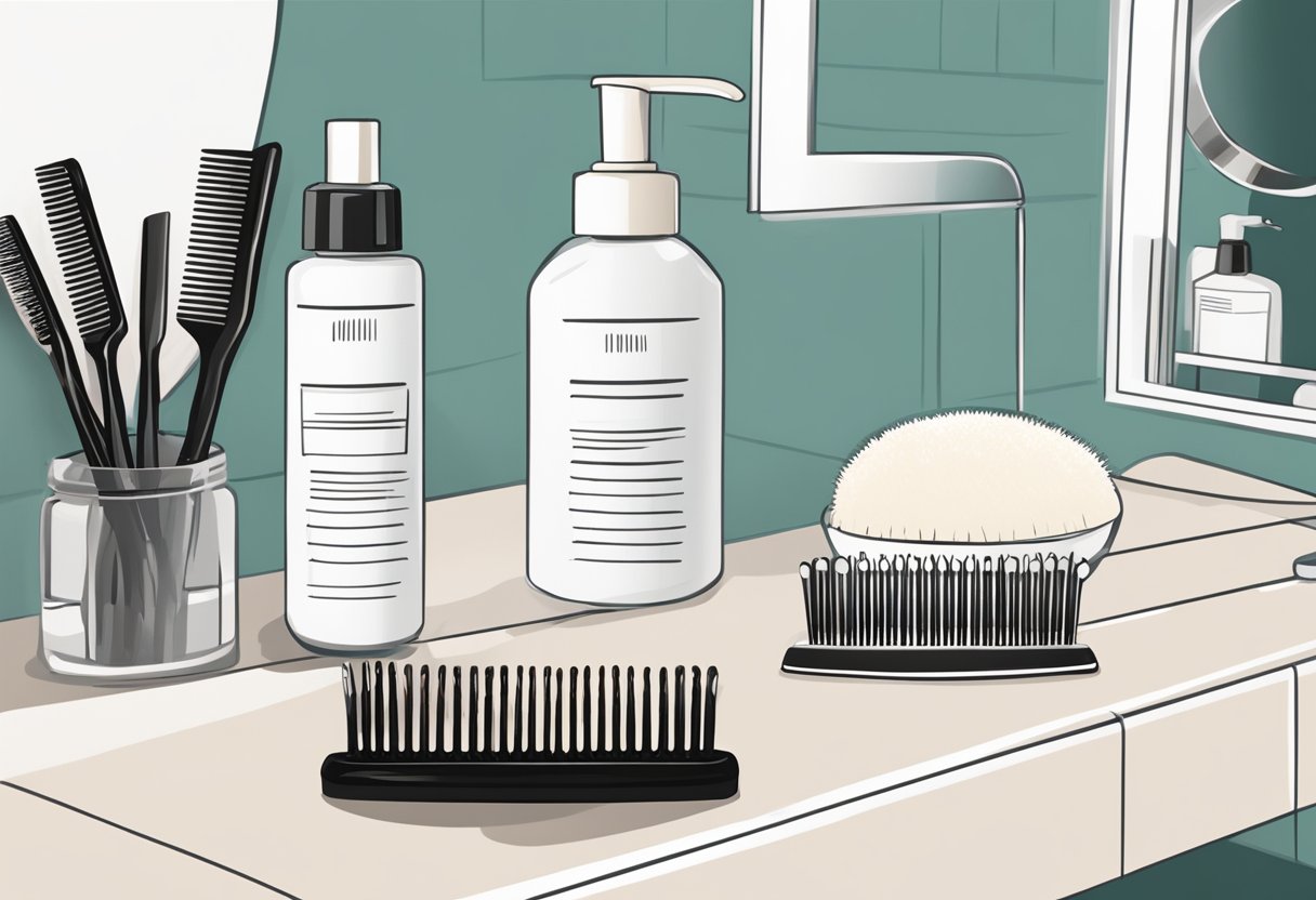 A bottle of hair growth serum sits on a clean, organized vanity. A hairbrush and wide-tooth comb lay nearby, ready for use