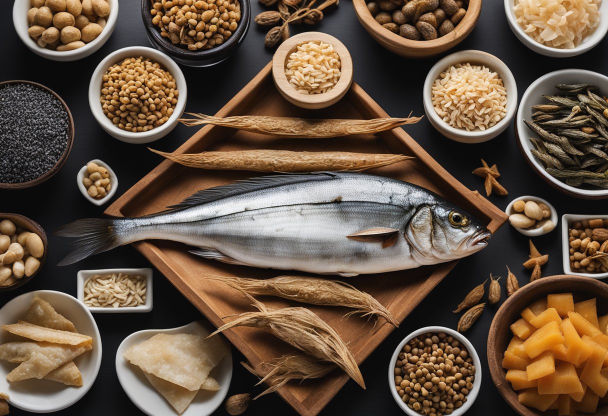 Dried salted fish arranged in various shapes and sizes, surrounded by traditional cultural symbols and ingredients
