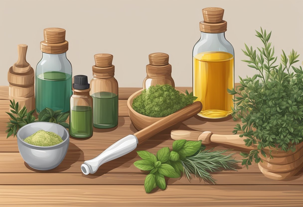 A variety of herbs and oils laid out on a wooden table, with a mortar and pestle for grinding. A bottle of essential oil and a hairbrush are also present