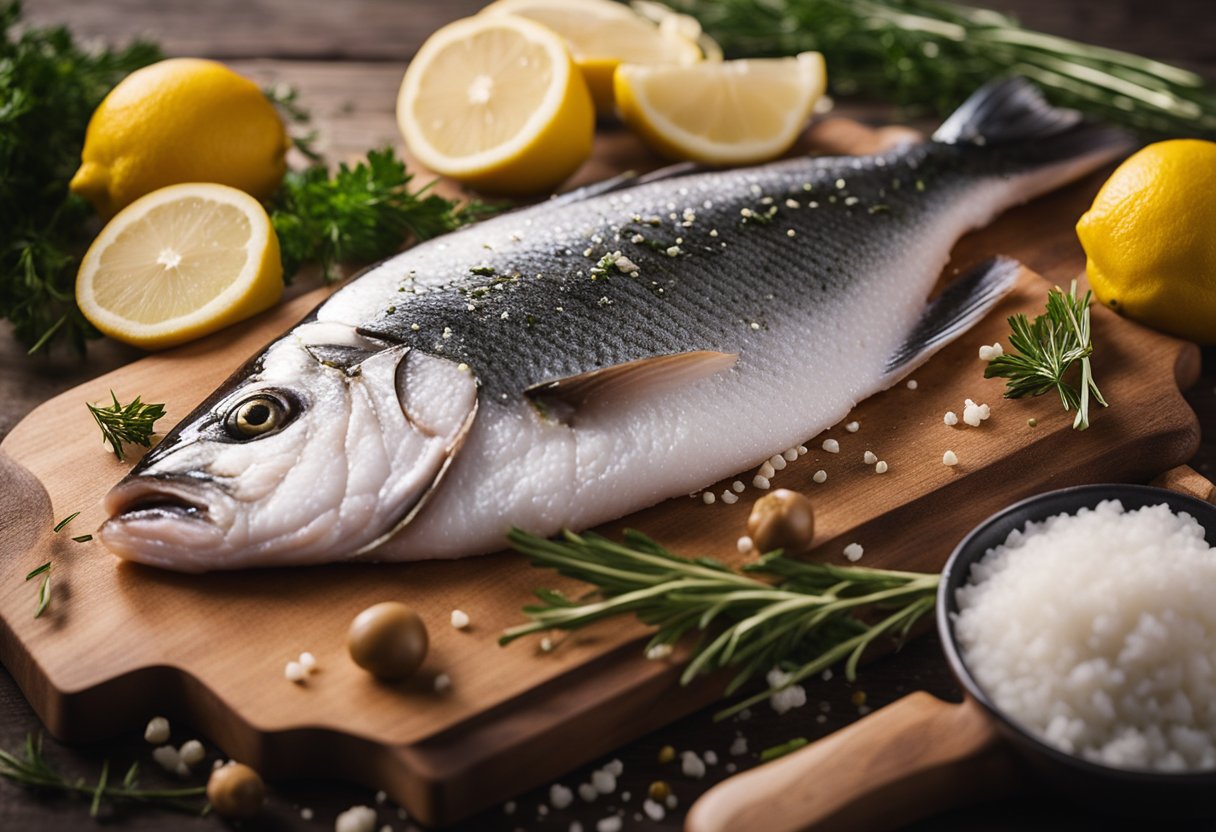 A fresh fish fillet is being seasoned with salt, pepper, and herbs on a wooden cutting board, surrounded by ingredients like lemon, garlic, and olive oil