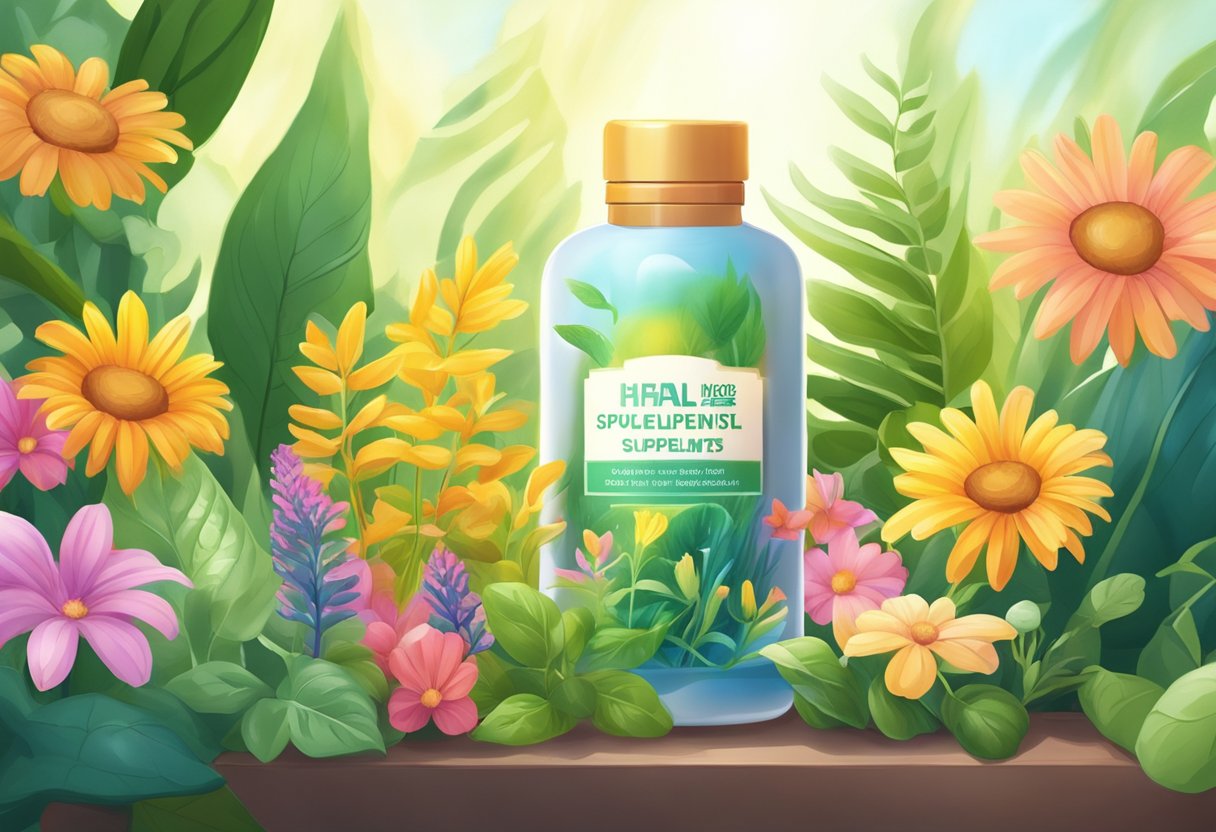 A bottle of hair growth supplements surrounded by vibrant, healthy-looking plants and flowers, with rays of sunlight streaming in