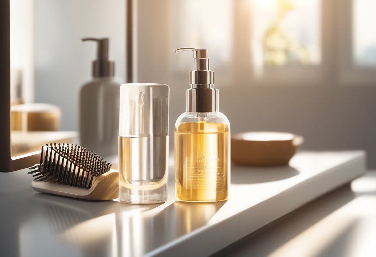 A bottle of hair growth serum sits on a clean, white countertop next to a comb and a mirror. Rays of sunlight stream in through a window, illuminating the scene