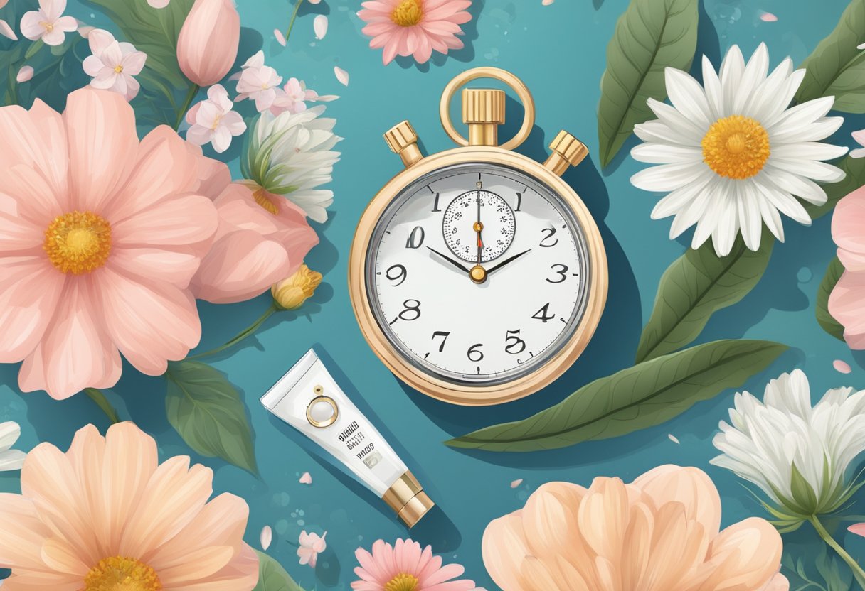 A bottle of hair growth serum surrounded by blooming flowers and a stopwatch ticking away