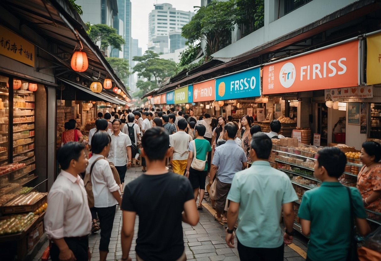A bustling street in Singapore adorned with Friso promotions banners and colorful displays, drawing in passersby with vibrant imagery and enticing offers