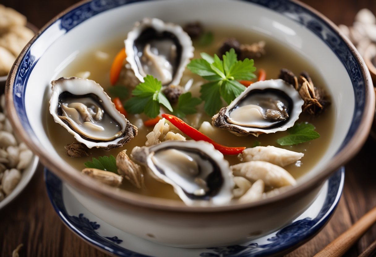 A steaming bowl of dried oyster soup sits on a wooden table, surrounded by traditional Chinese herbs and spices. The rich aroma fills the air, evoking the cultural significance and variations of this beloved dish