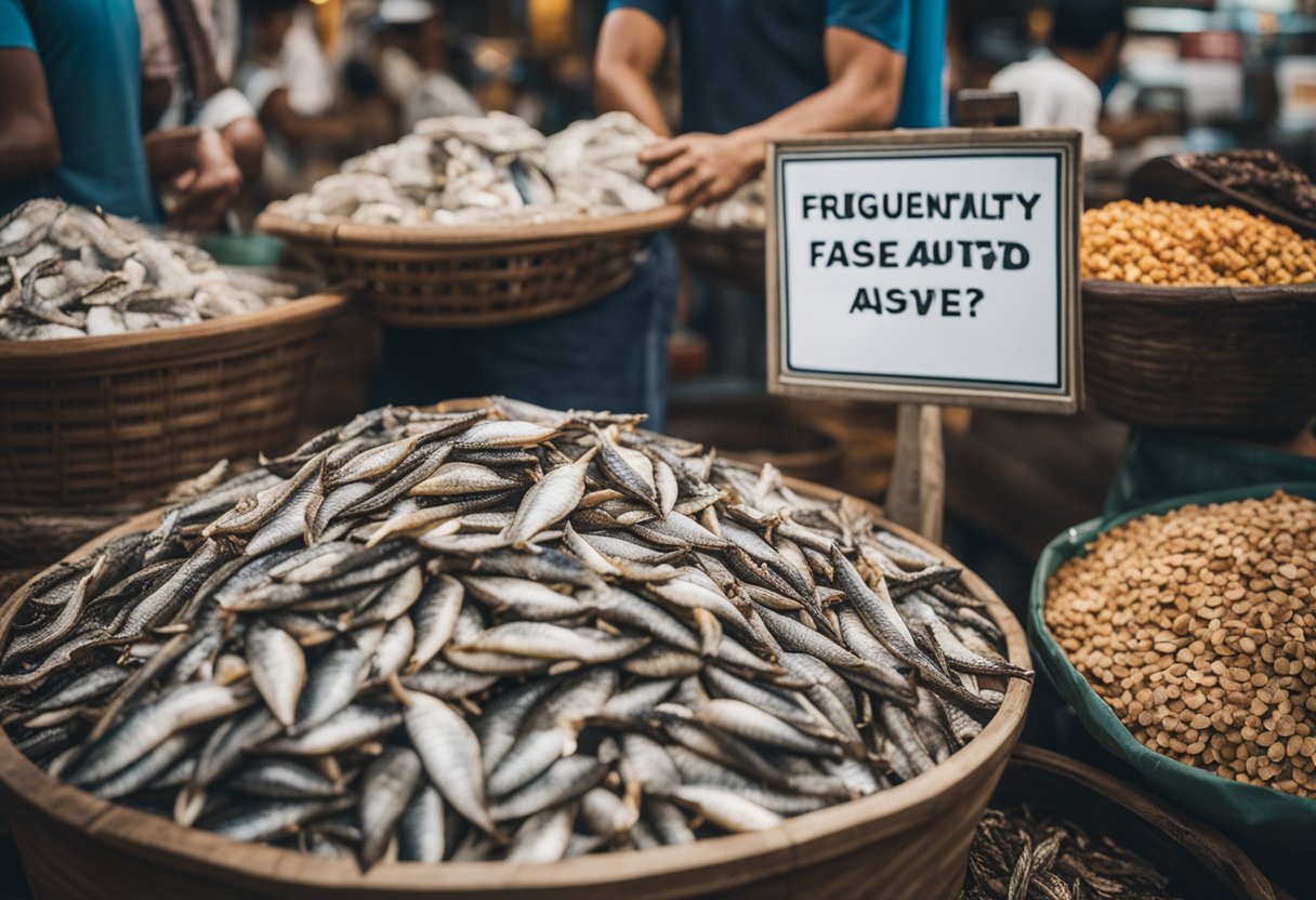 A pile of dried salted fish surrounded by curious customers and a sign reading "Frequently Asked Questions" in a bustling market