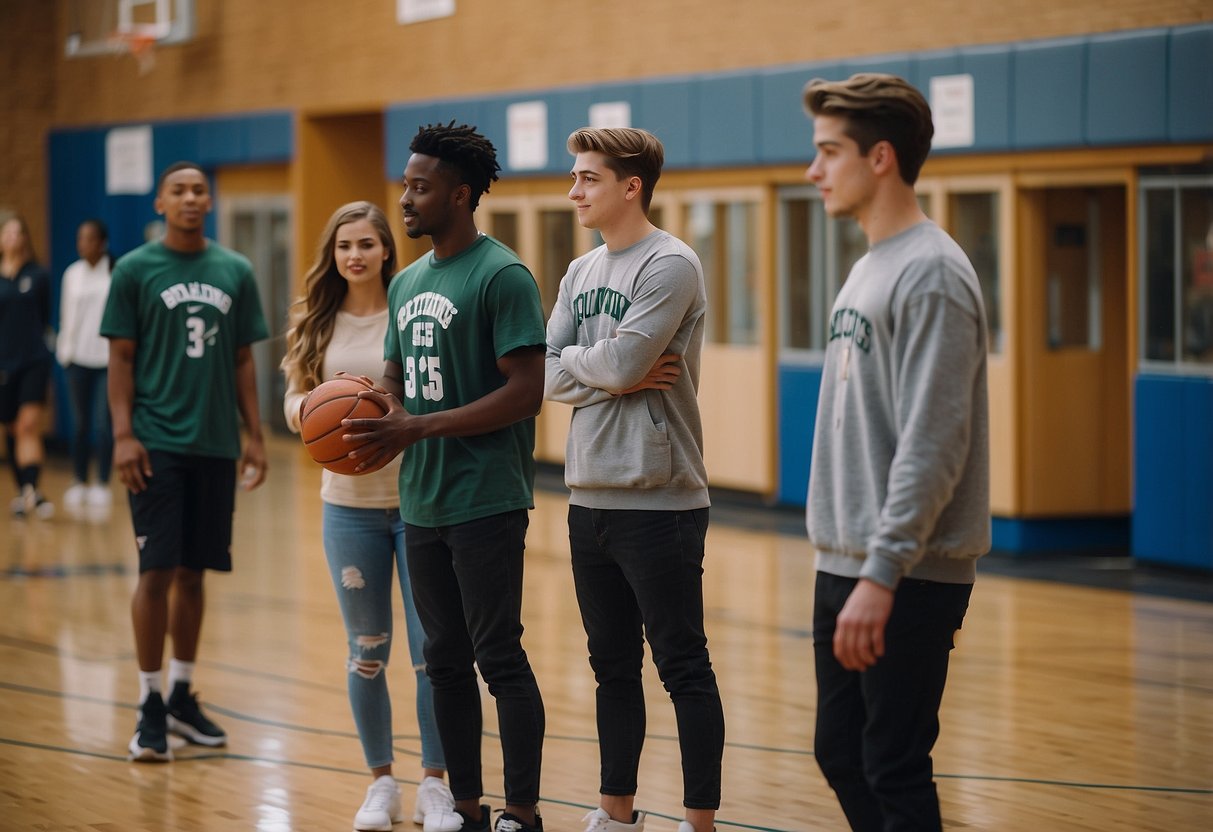 Students playing basketball in the gym, while others chat at their lockers. A group studies together in the library, and some work on art projects in the art room