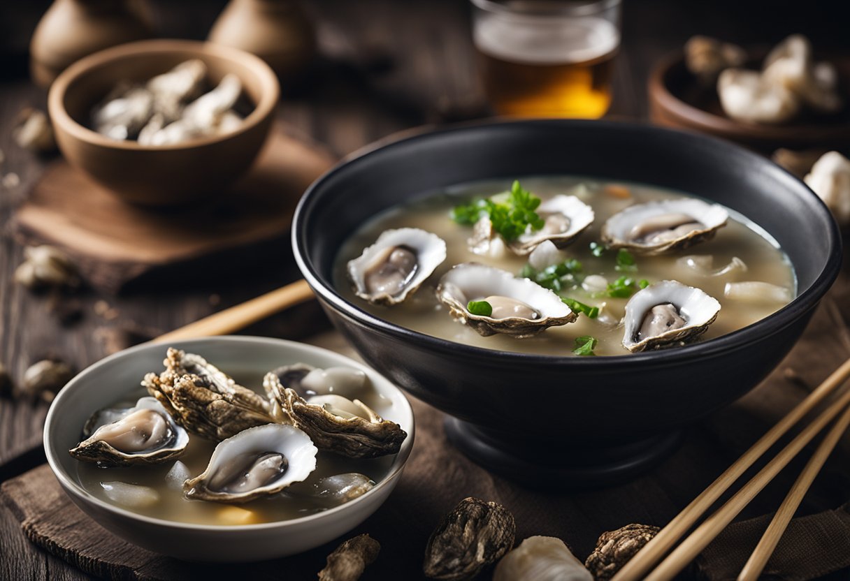 A steaming bowl of dried oyster soup sits on a rustic wooden table, surrounded by scattered oyster shells and a pair of chopsticks