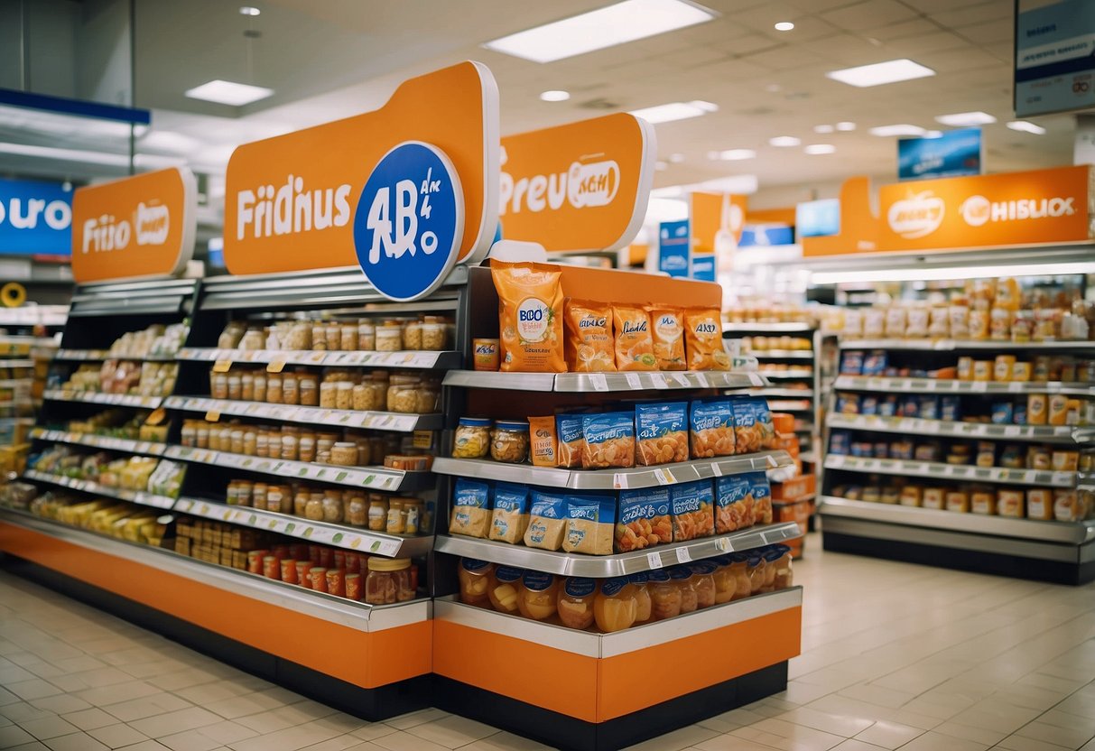 A colorful display of Friso products with promotional signage in a bustling Singaporean supermarket