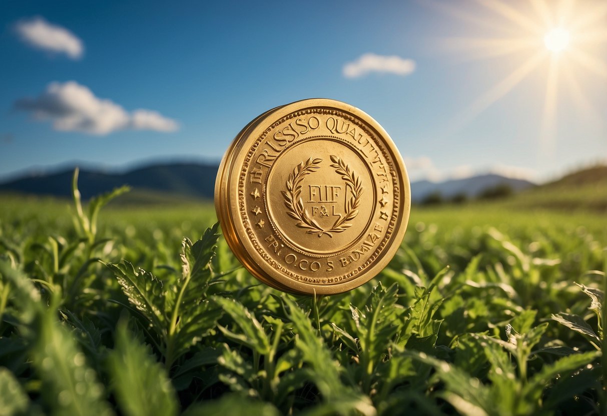 A golden seal with "Friso Quality Promise" over a field of lush green pastures and a clear blue sky, symbolizing Friso's commitment to excellence