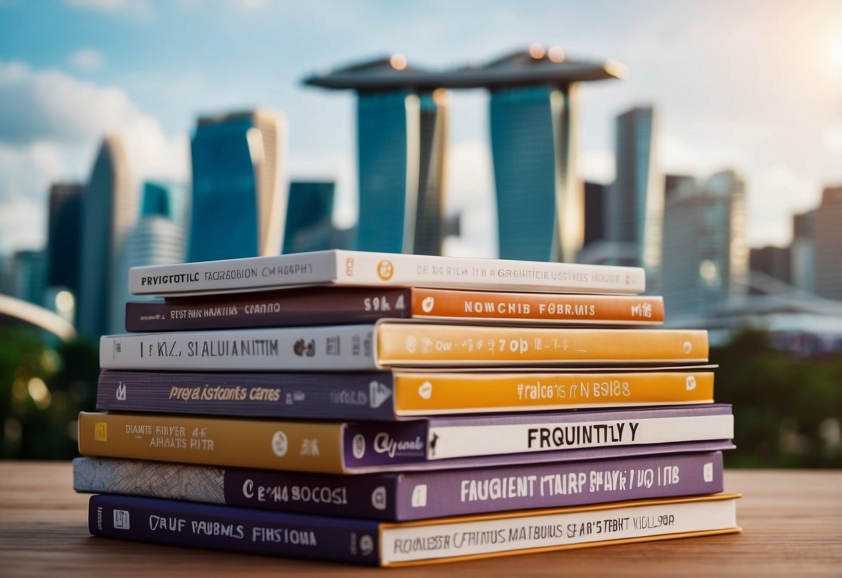 A stack of promotional materials with "Frequently Asked Questions" printed on them, set against a backdrop of iconic Singapore landmarks