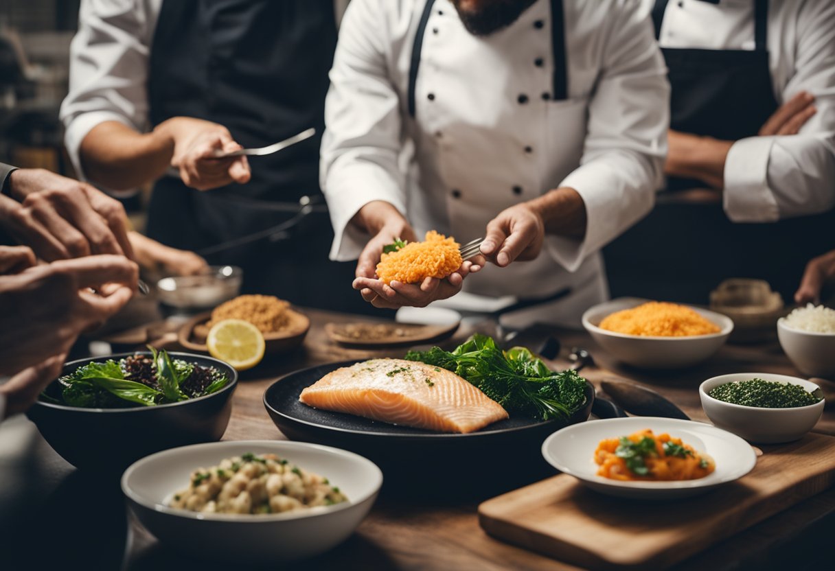 A chef prepares a fish fillet with a variety of ingredients and seasonings, while a group of people eagerly ask questions about the recipe