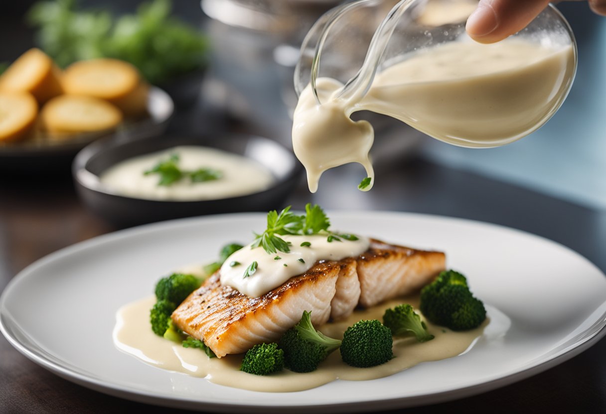 A fish fillet is being drizzled with creamy white sauce on a plate