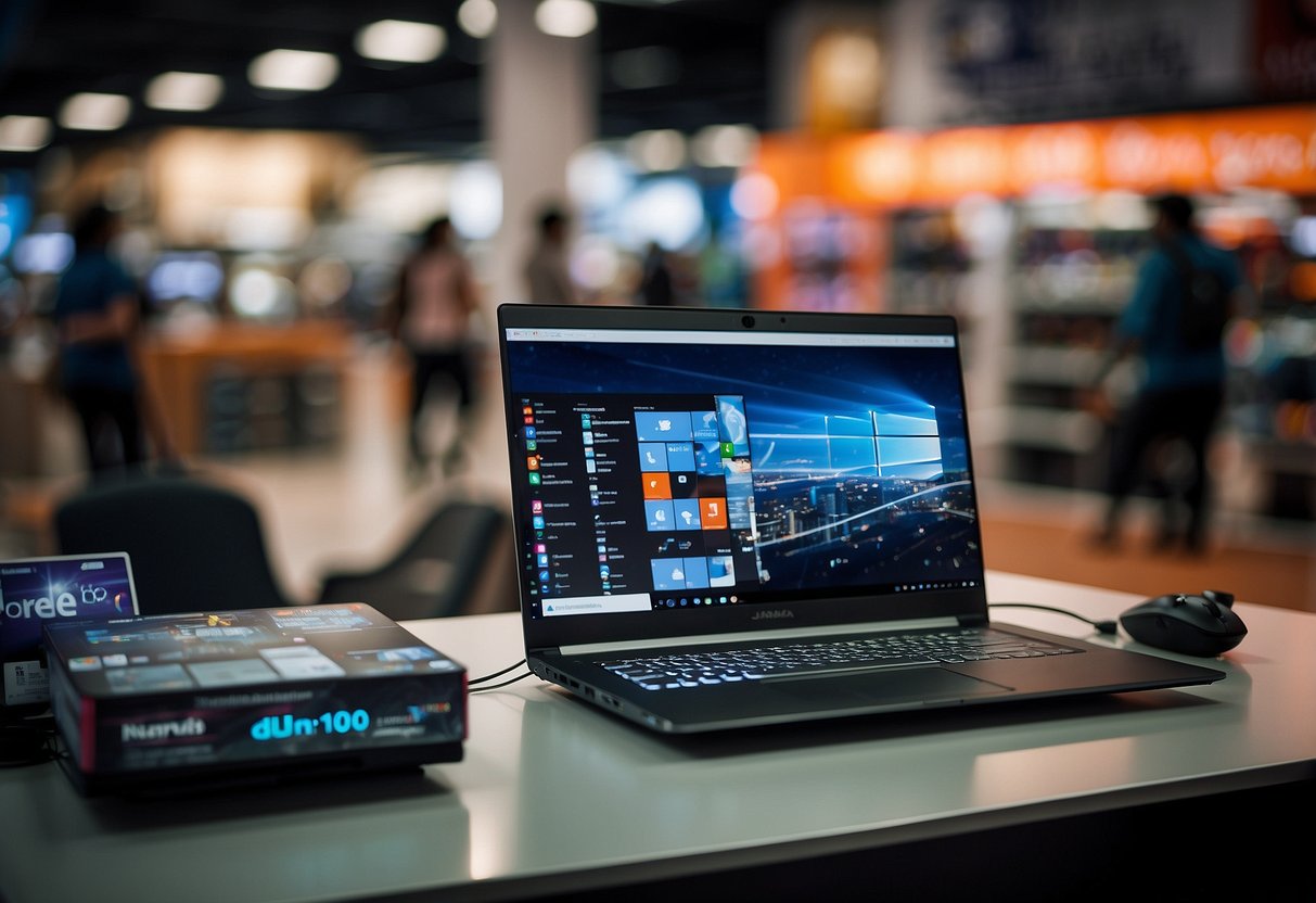 A gaming laptop with promotional banners in a bustling Singapore electronics store