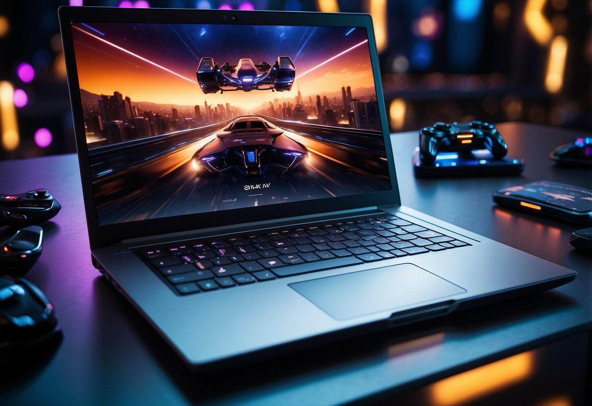 A sleek gaming laptop sits on a futuristic desk, surrounded by vibrant lights and high-tech accessories. The screen displays a dazzling promotion for 2024, capturing the excitement of the gaming world