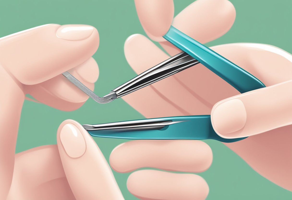 A pair of tweezers extracting an ingrown hair from the skin