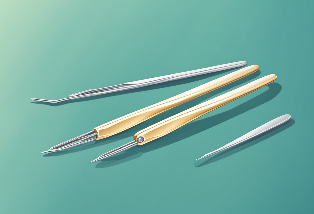 A pair of tweezers gently removes an ingrown hair from the skin's surface, preventing further irritation