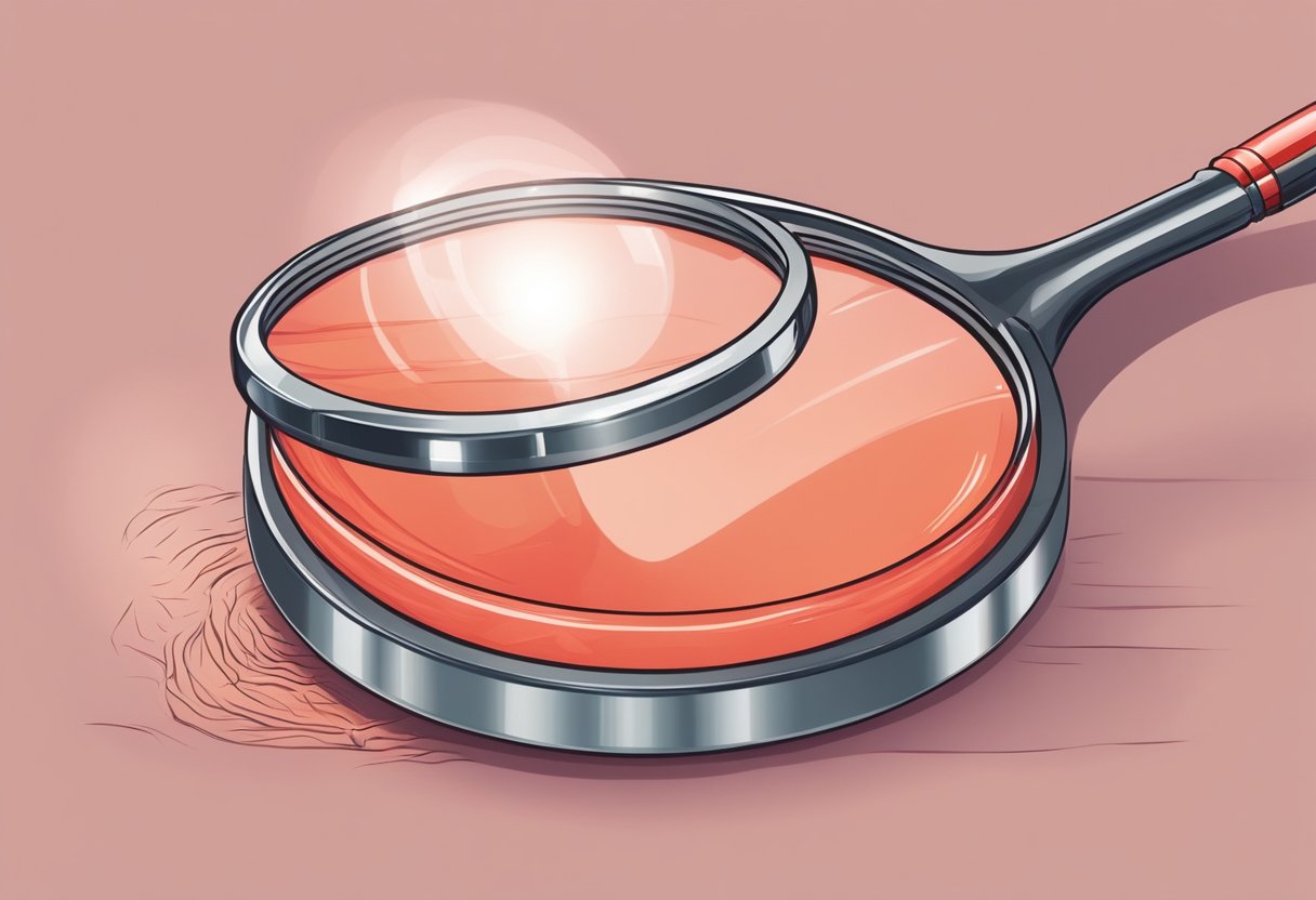 A magnifying glass hovers over a red, inflamed bump with a hair trapped underneath the skin. Tweezers are poised to gently extract the ingrown hair