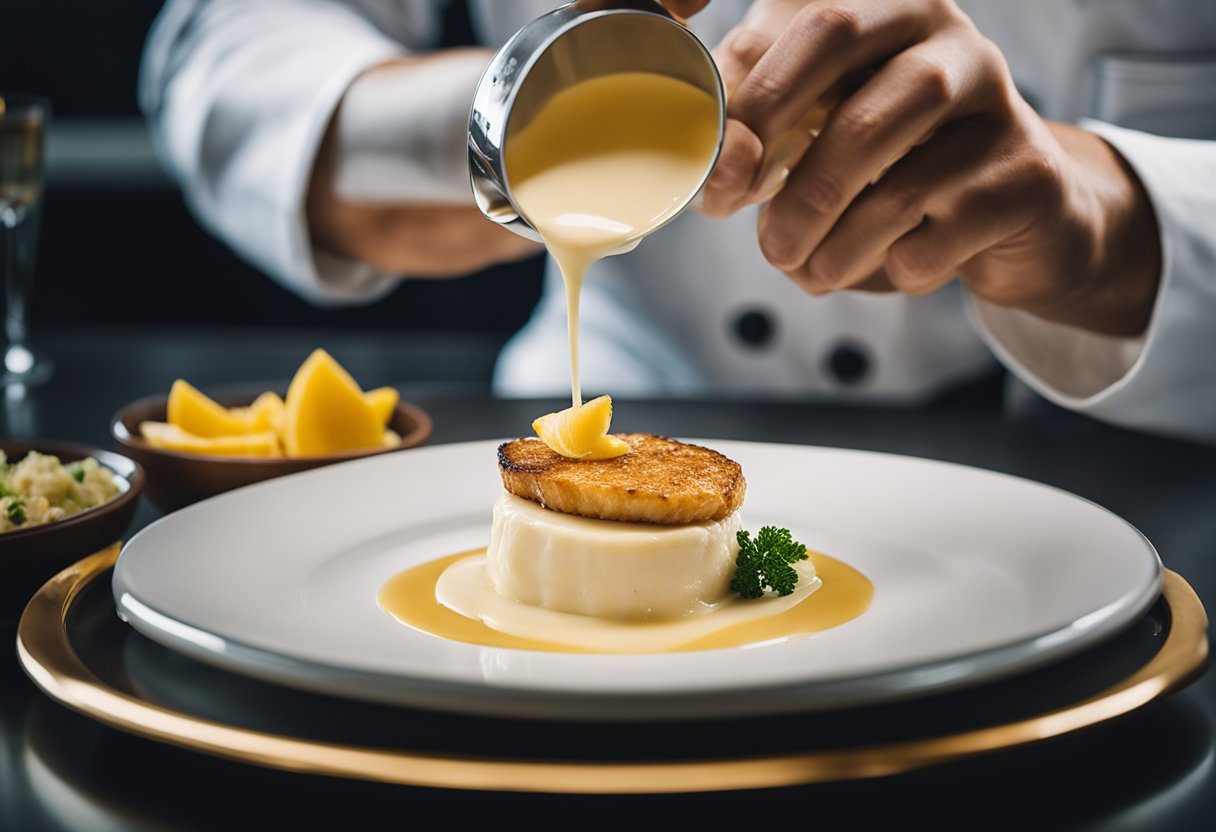 A chef pours creamy white sauce over a golden-brown fish fillet on a white plate