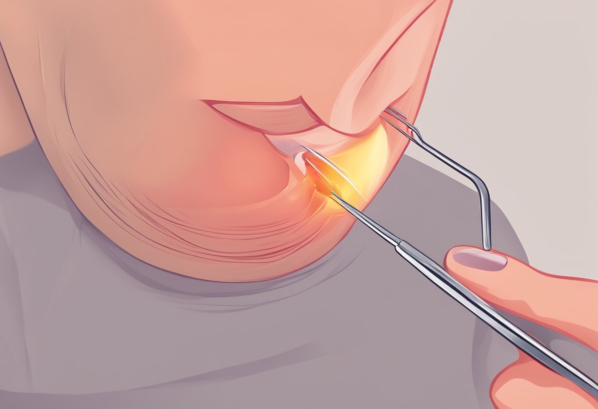 A pair of tweezers pulling out an ingrown hair from a red, irritated bump on the skin
