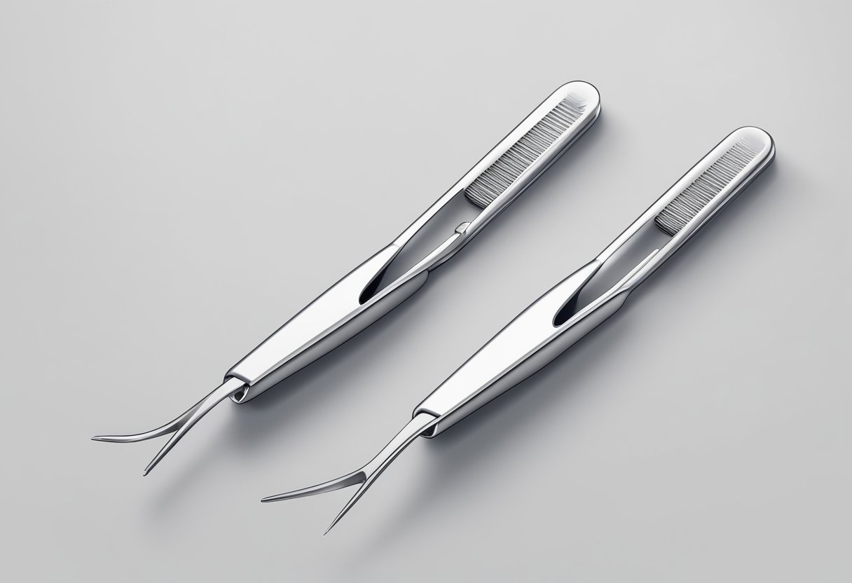 A pair of tweezers and a sterilized needle lay on a clean, white surface, ready to remove an ingrown hair