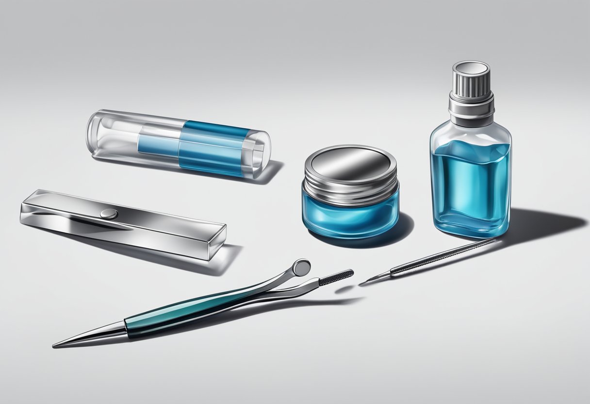 A pair of tweezers and a small bottle of antiseptic solution sit on a clean, white surface, ready for use. A magnifying mirror reflects the tools, highlighting their precision and purpose
