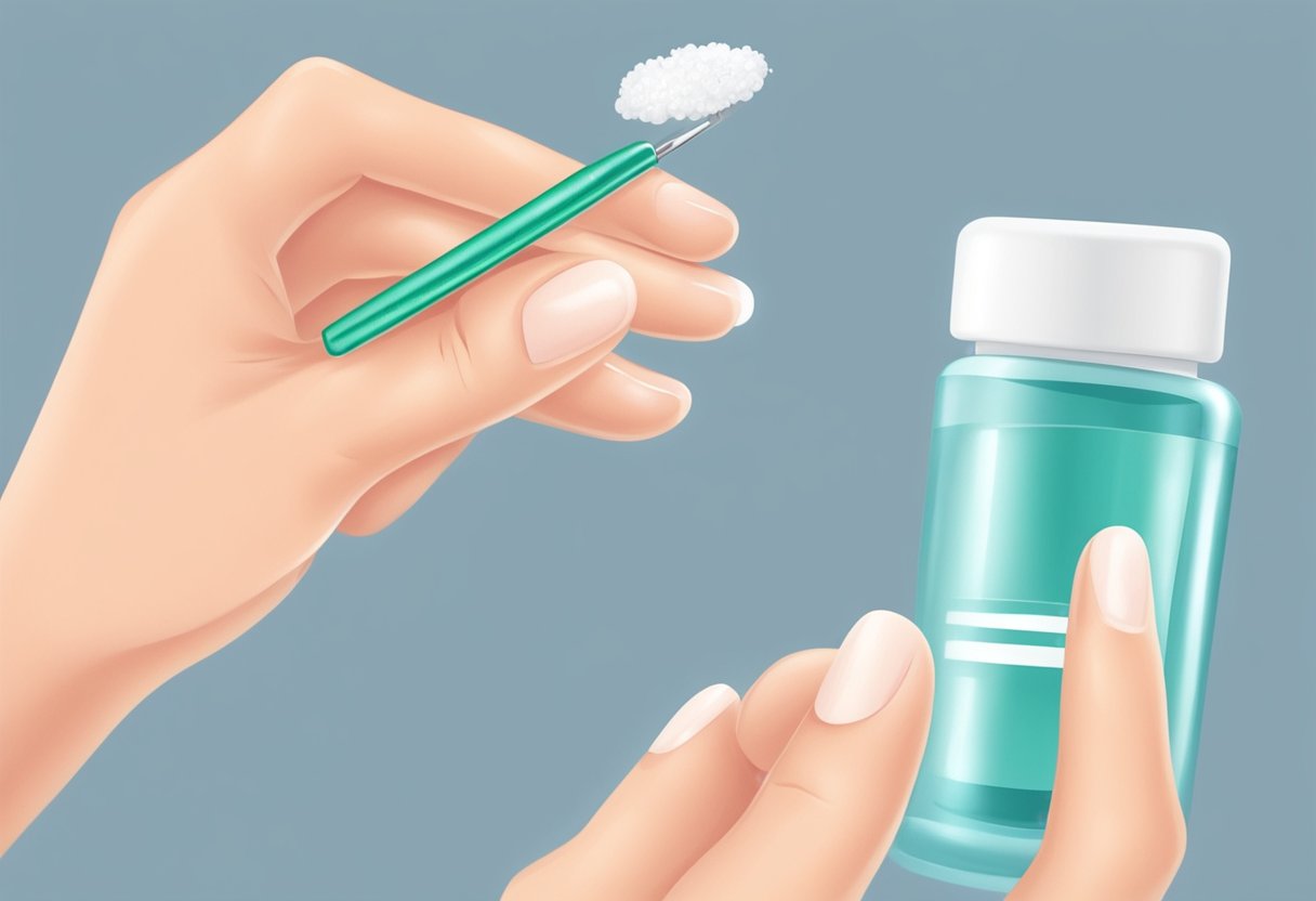 A hand holding a pair of tweezers, pulling out an ingrown hair. A bottle of antiseptic solution and a cotton pad nearby for post-removal care