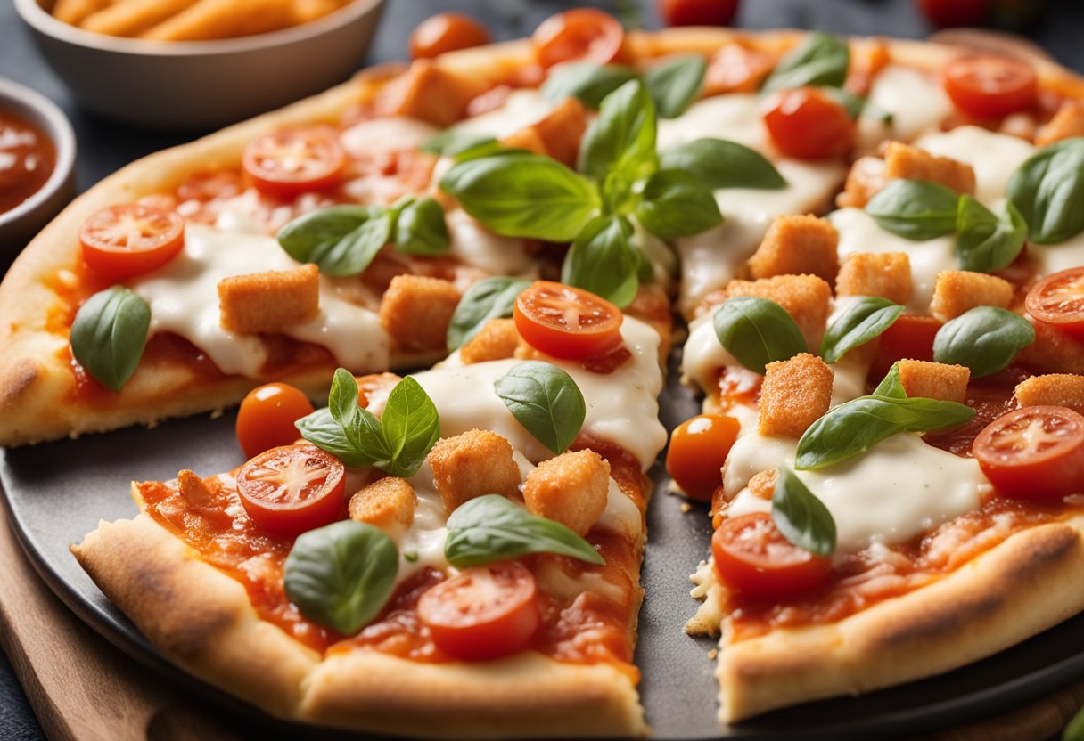 A pizza topped with fish fingers, mozzarella, and tomato sauce on a baking tray