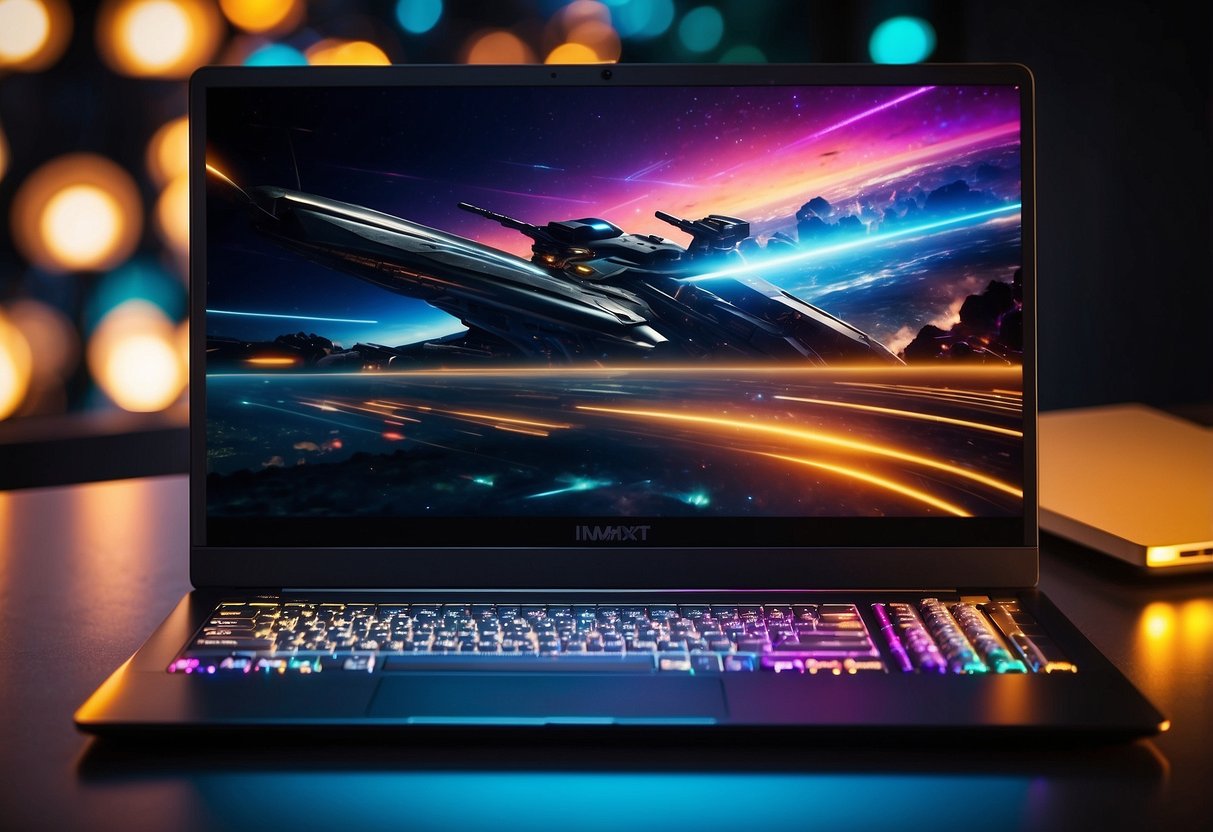 A sleek gaming laptop sits on a desk, surrounded by colorful LED lights. A promotional banner in the background advertises "Maximising Your Gaming Experience" in bold letters