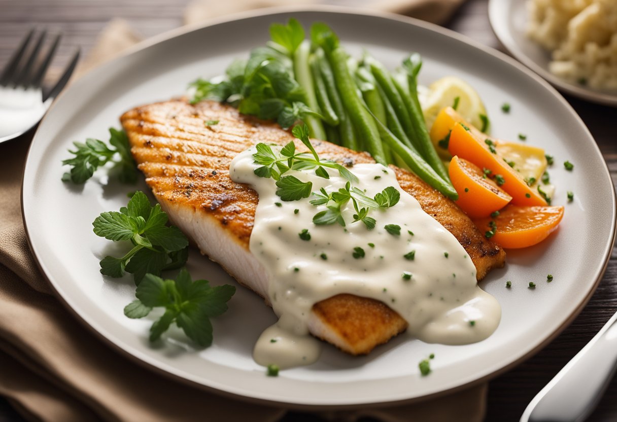 A plate with a golden-brown fish fillet topped with creamy white sauce, garnished with fresh herbs and served with a side of vegetables