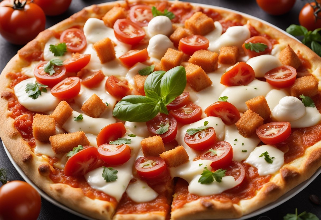 Fish fingers arranged on pizza dough. Topped with tomato sauce, mozzarella, and sliced tomatoes. Baked until golden and crispy. Cut into slices