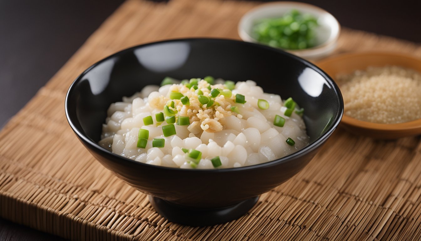 A steaming bowl of dried scallop porridge sits on a wooden table, garnished with green onions and a drizzle of sesame oil