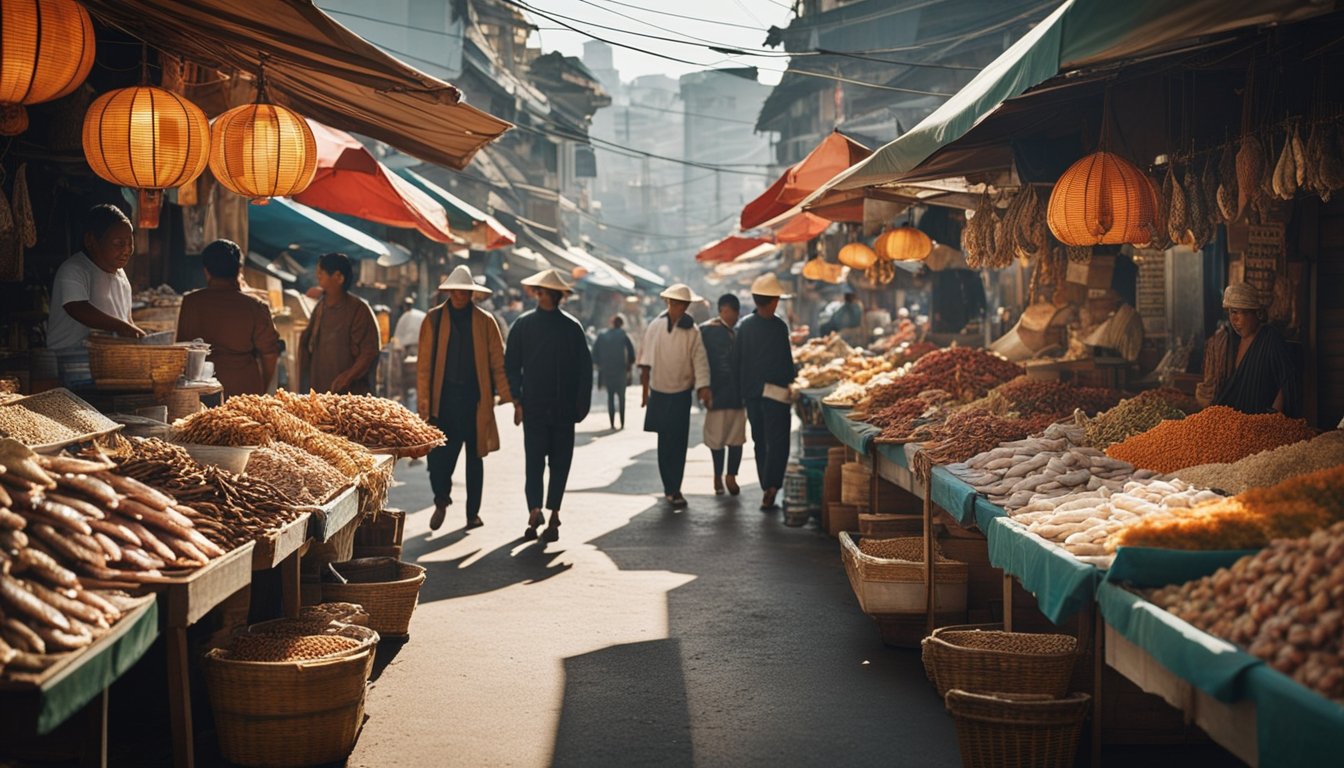 A bustling street lined with vendors selling an array of dried seafood, from fish to squid, displayed in colorful stacks and hanging from awnings