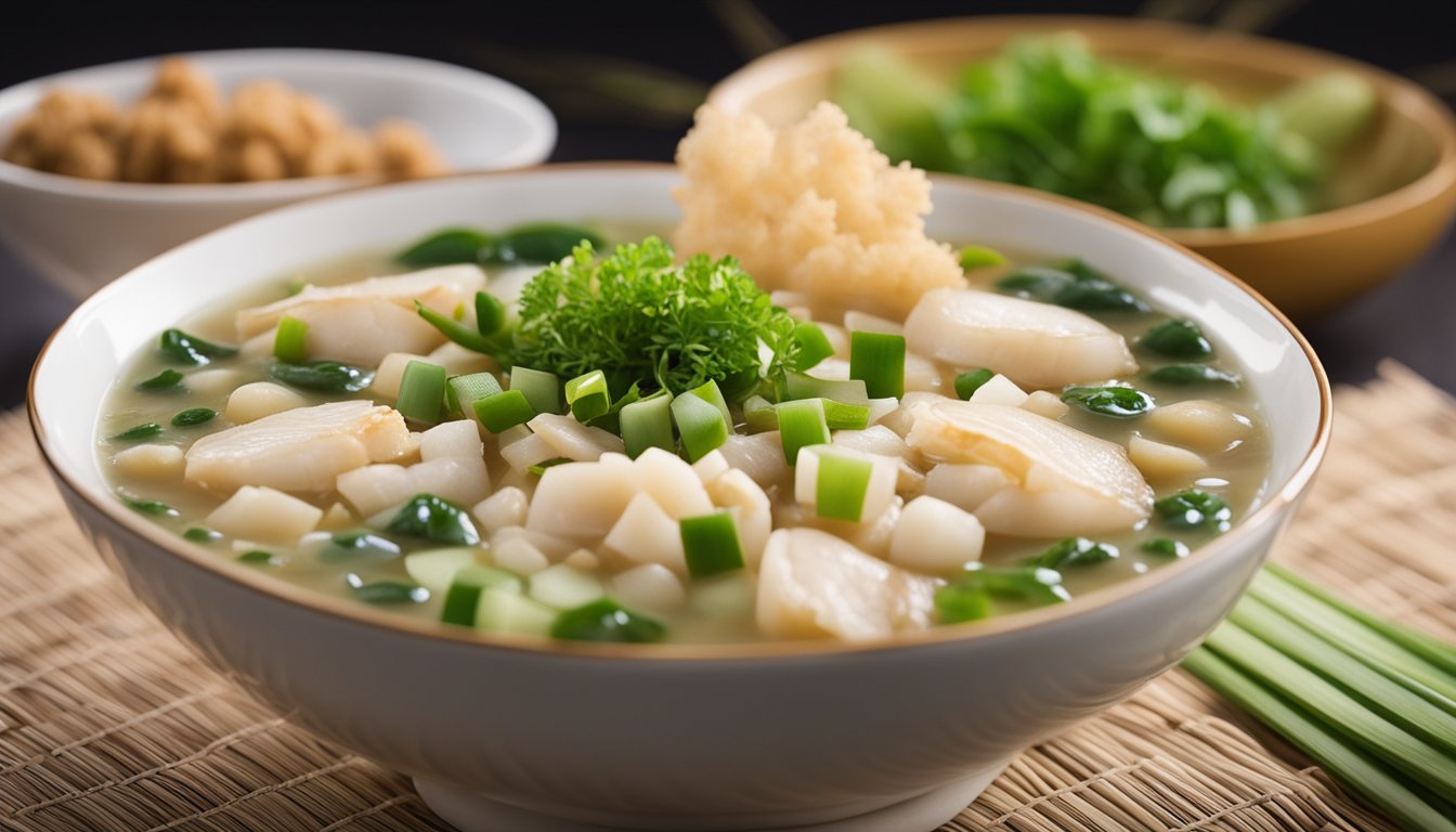 A bowl of dried scallop porridge with chopsticks resting on the side, surrounded by various ingredients like ginger, scallions, and soy sauce