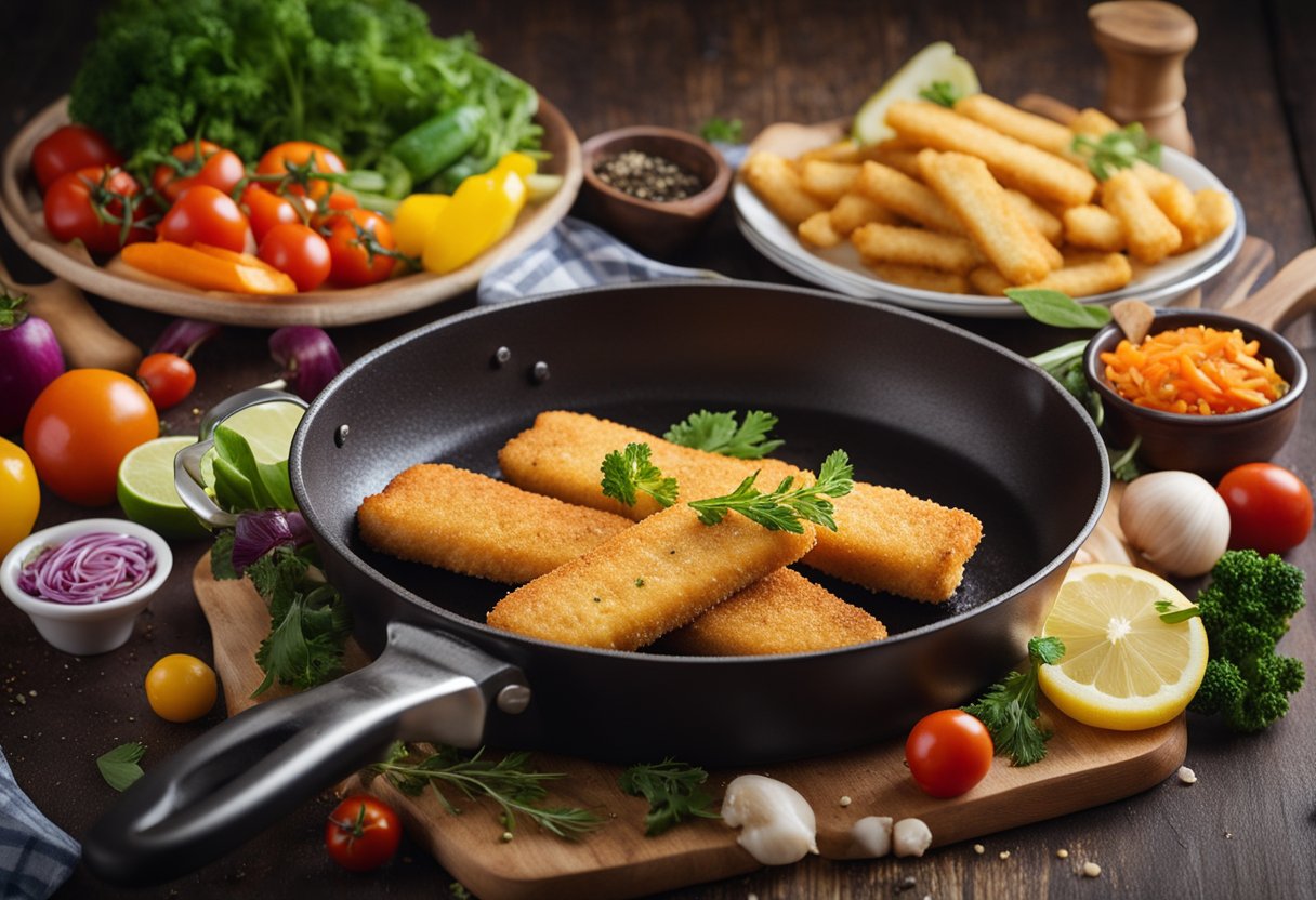 Golden fish fingers sizzle in a hot pan, surrounded by colorful vegetables and aromatic herbs. A breadcrumb coating crisps up as the fish cooks to perfection