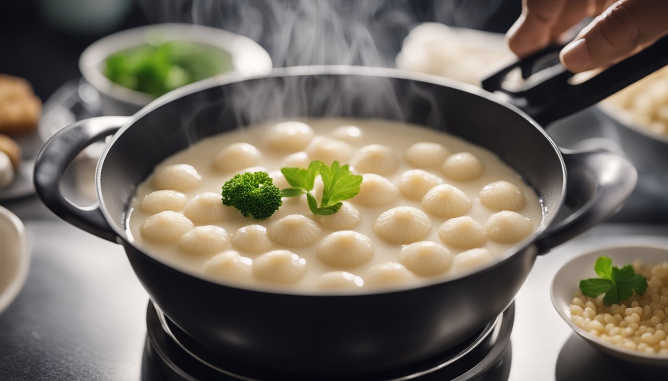 Dried scallops simmer in a pot of creamy porridge. Steam rises as the chef stirs the mixture, infusing it with rich umami flavor