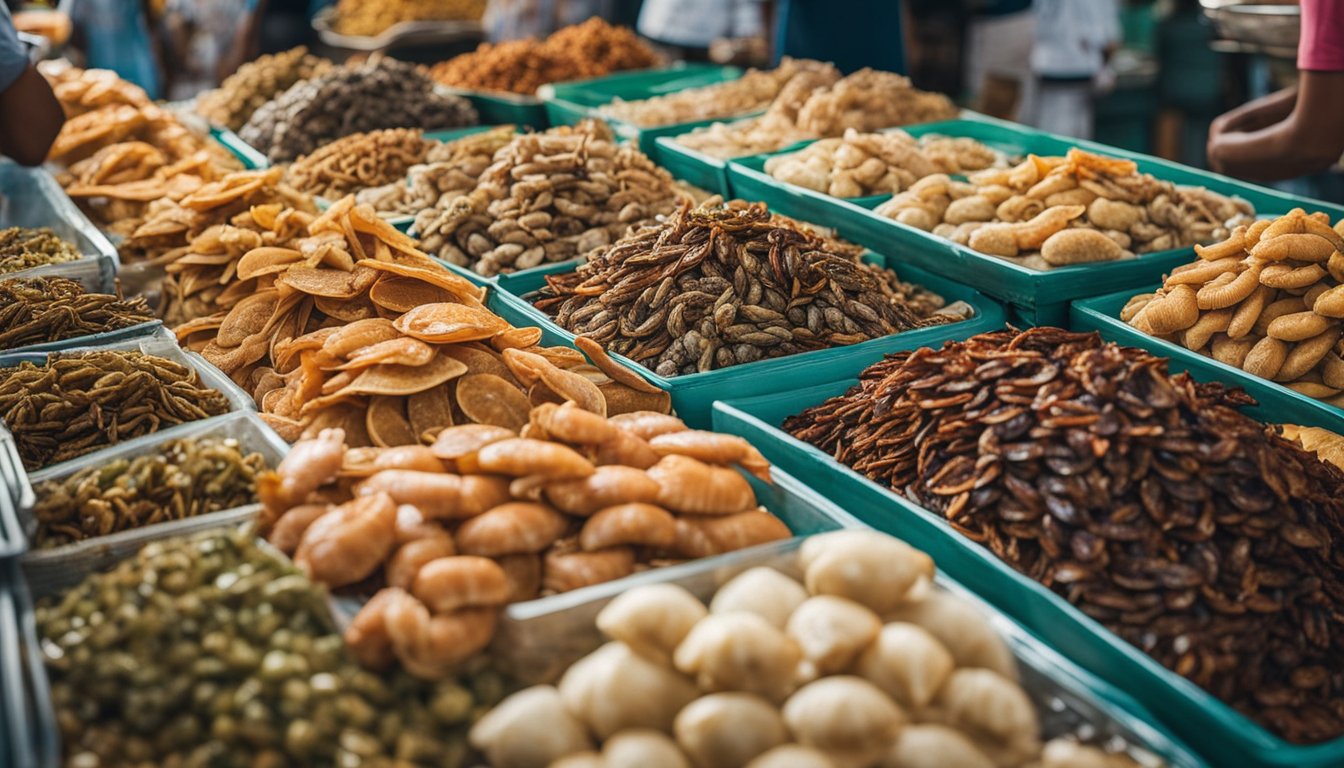 A bustling street market in Singapore showcases an array of dried seafood, highlighting the culinary uses and health benefits of these traditional ingredients