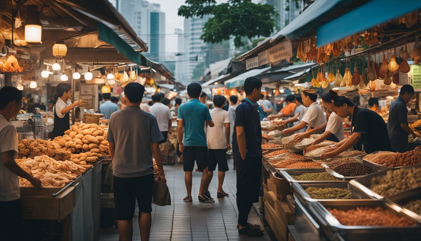 A bustling street in Singapore, lined with vendors selling an array of dried seafood. Customers browse the colorful displays, while the aroma of the ocean fills the air