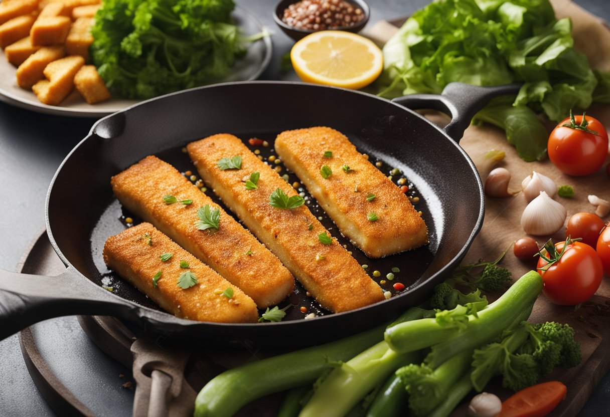 Golden fish fingers sizzling in a hot pan, surrounded by colorful vegetables and a sprinkle of seasoning