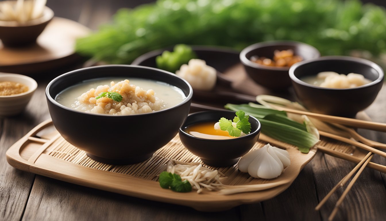 A steaming bowl of dried scallop porridge sits on a wooden table, surrounded by small dishes of condiments and a pair of chopsticks