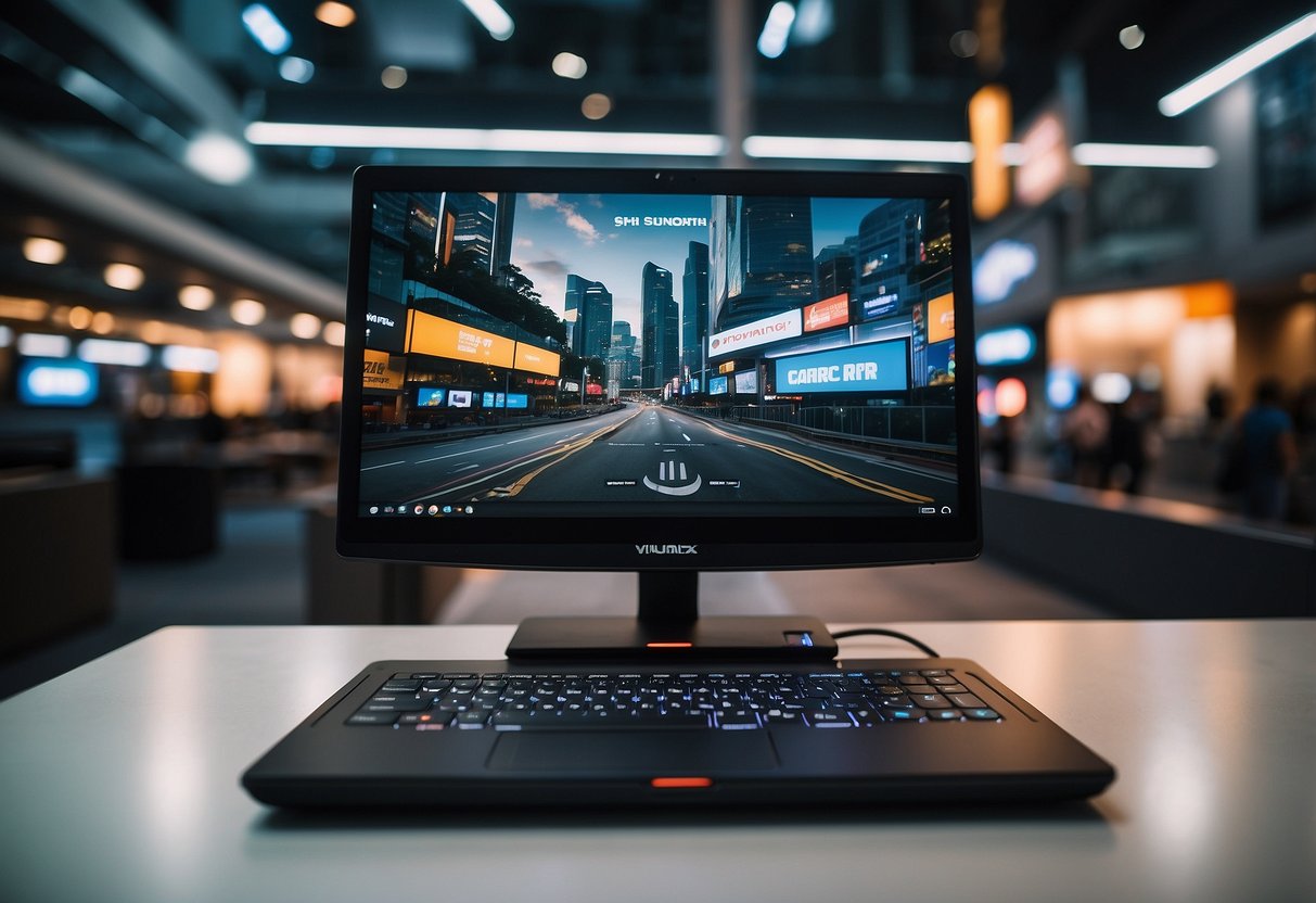 A gaming laptop surrounded by promotional banners and logos in Singapore