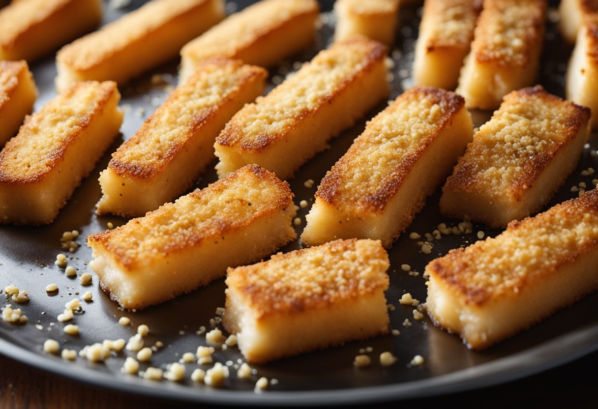 Fish fingers sizzle in hot oil, turning golden brown. Breadcrumbs crisp up as they cook, emitting a savory aroma