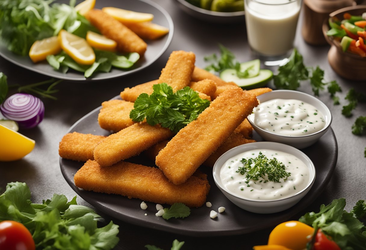 A plate of golden crispy fish fingers with a side of tartar sauce, surrounded by colorful vegetables and a sprinkle of fresh herbs