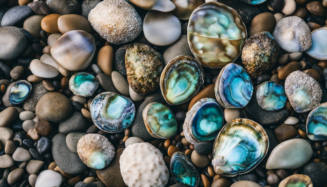Colorful abalone shells on the rocky shore of Australia, surrounded by clear ocean water