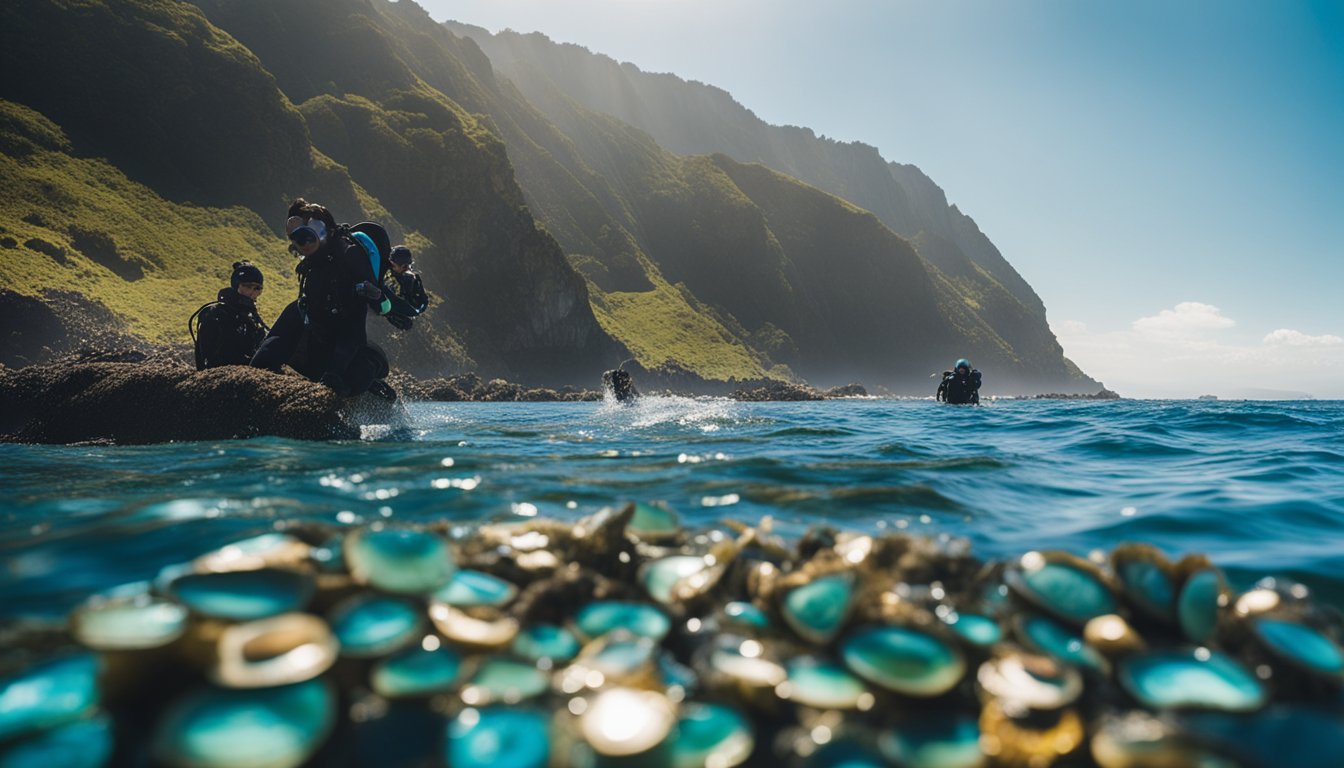 The vibrant blue ocean stretches out, with rocky coastal cliffs in the background. A group of divers are harvesting abalones from the clear waters, surrounded by colorful marine life
