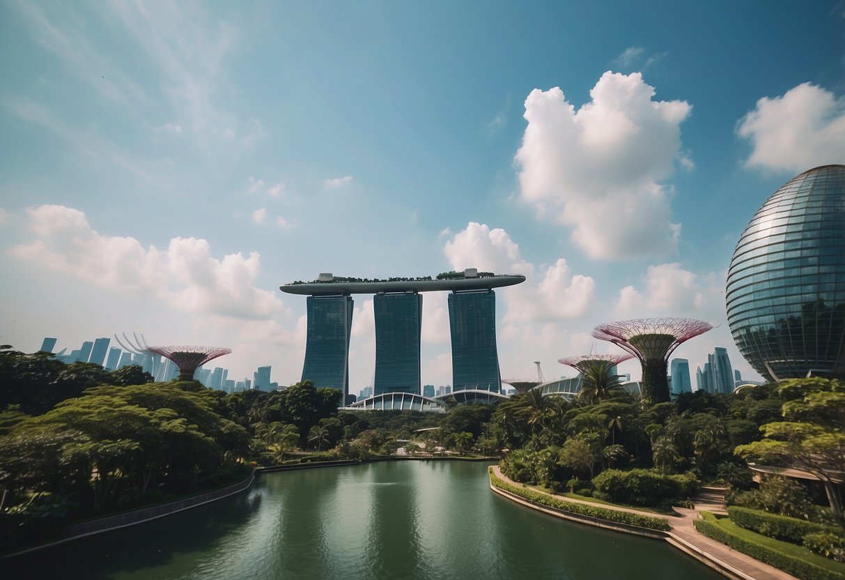 A vibrant cityscape with iconic landmarks like the Marina Bay Sands, Gardens by the Bay, and the Singapore Flyer, surrounded by lush greenery and bustling streets