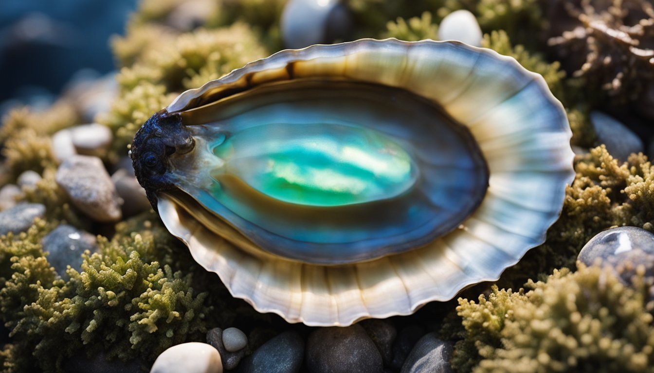 A close-up of a freshly shucked abalone, with its iridescent shell and tender flesh, surrounded by sea kelp and coastal rocks