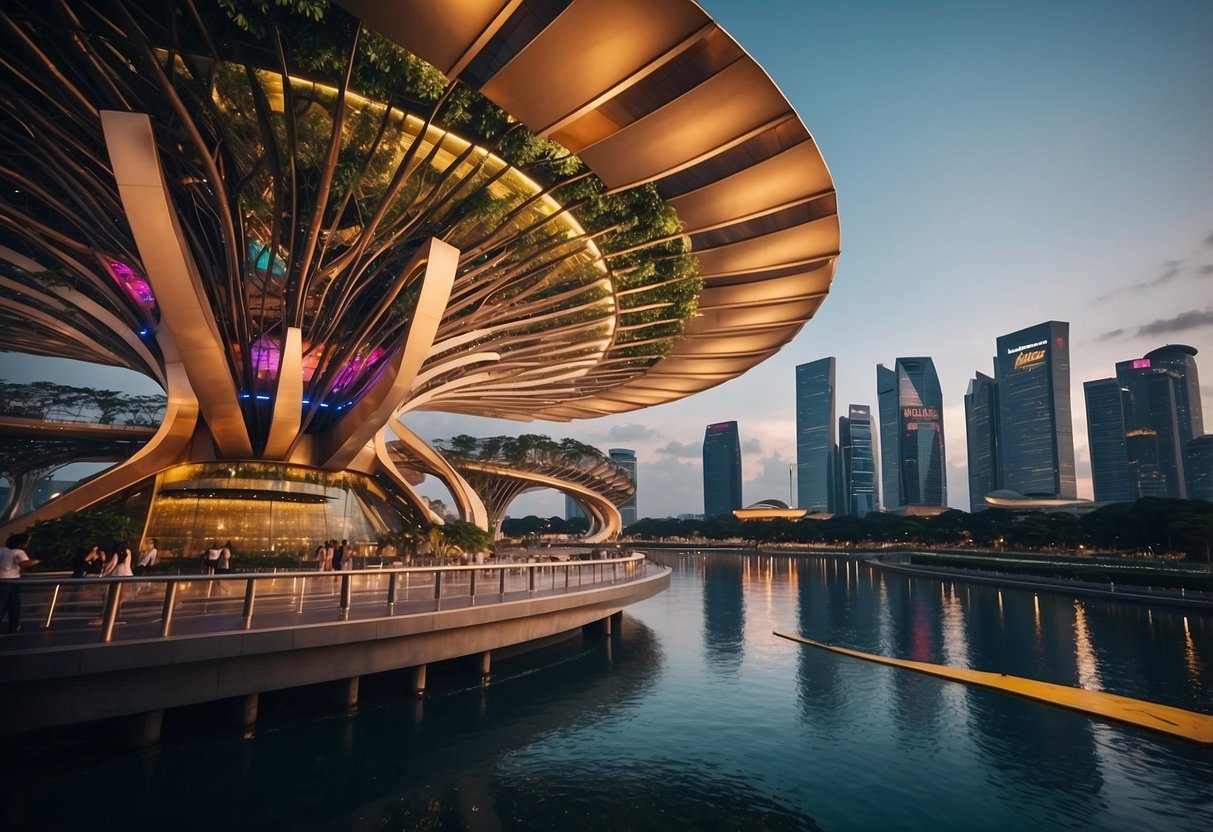 A vibrant city skyline with iconic landmarks and colorful promotional banners for 2024 tourist attractions in Singapore