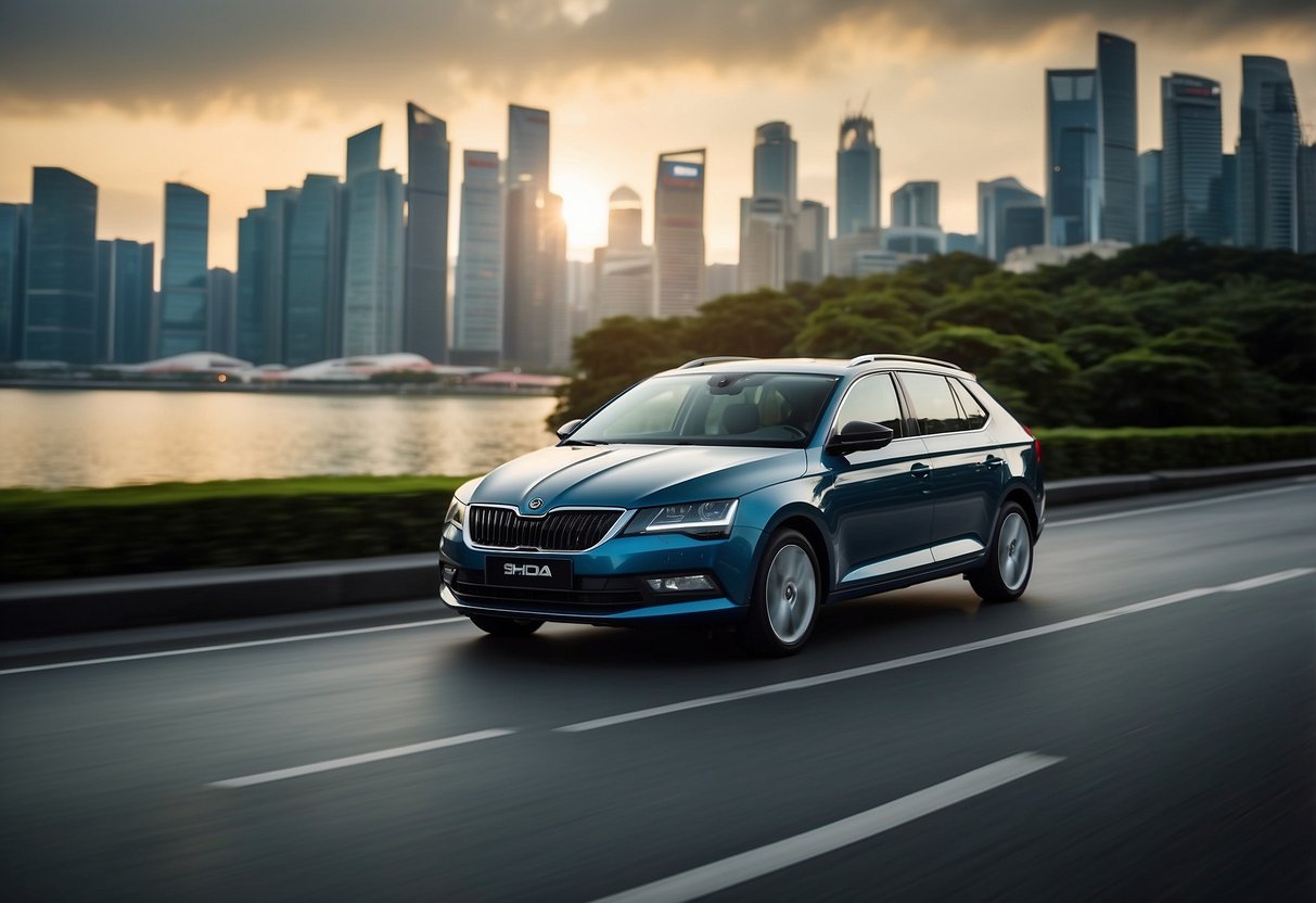 A Skoda car parked in front of a vibrant Singapore skyline, with a banner promoting Skoda promotions fluttering in the wind